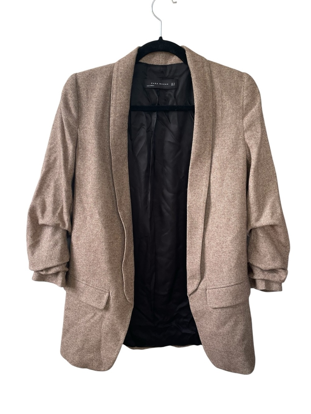 Zara Brown Chevron Wool Blend Blazer Jacket Ruched 3/4 Sleeve XS